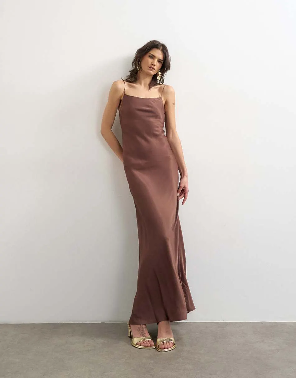 Topshop low scoop satin flood length slip dress in chocolate