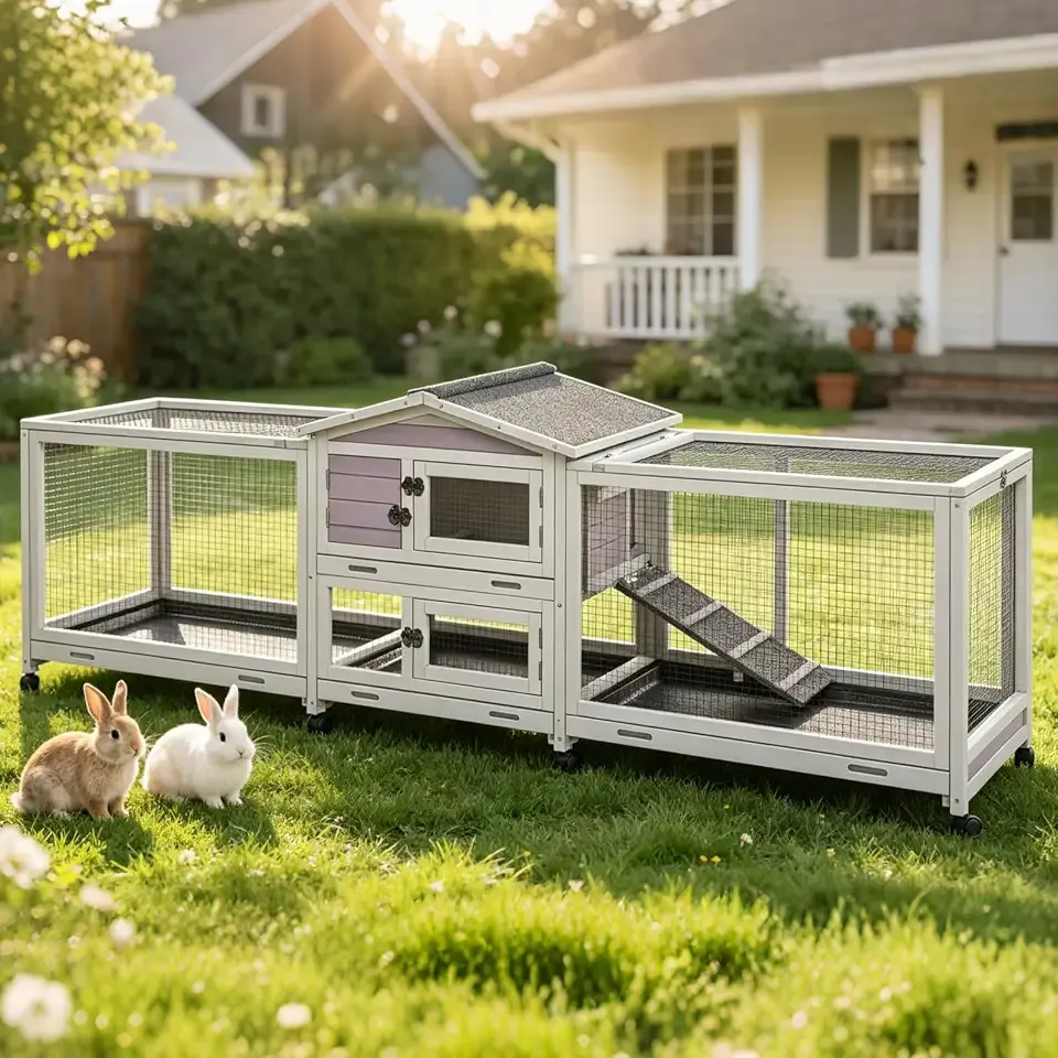 GUTINNEEN 2-Story Rabbit Hutch for 2-4 Bunnies - Wooden Guinea Pig Cage with Wheels, Pull-Out Trays & Waterproof Asphalt Roof, Indoor Outdoor
