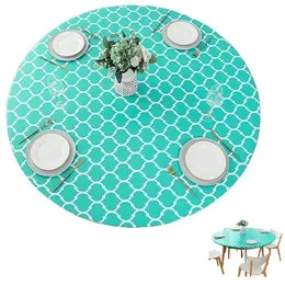 Round Fitted PVC Tablecloth Water Resistant Round Table Cover for Indoor Outdoor Patio -Green