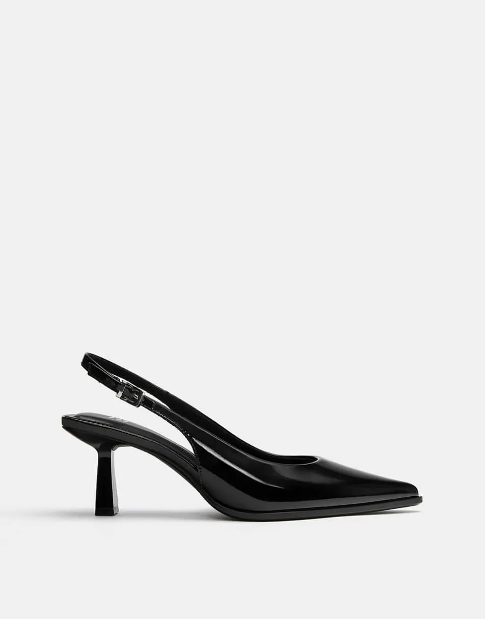 Pull&Bear Vinyl kitten heel slingback shoes in black