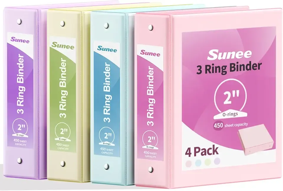 SUNEE 3 Ring Binders 2 Inch 4 Pack, Clear View Binder Three Ring PVC-Free (Fit 8.5x11 Inches) for School or Office Supplies, Assorted Pastel