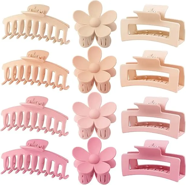 Large Hair Claw Clips 12 Pack, Flower Hair Clips for Thin Hair, Big Square Matte Strong hold for Thick Hair, 3 Styles Hair Clips for Women Thick Hair Pink Colors