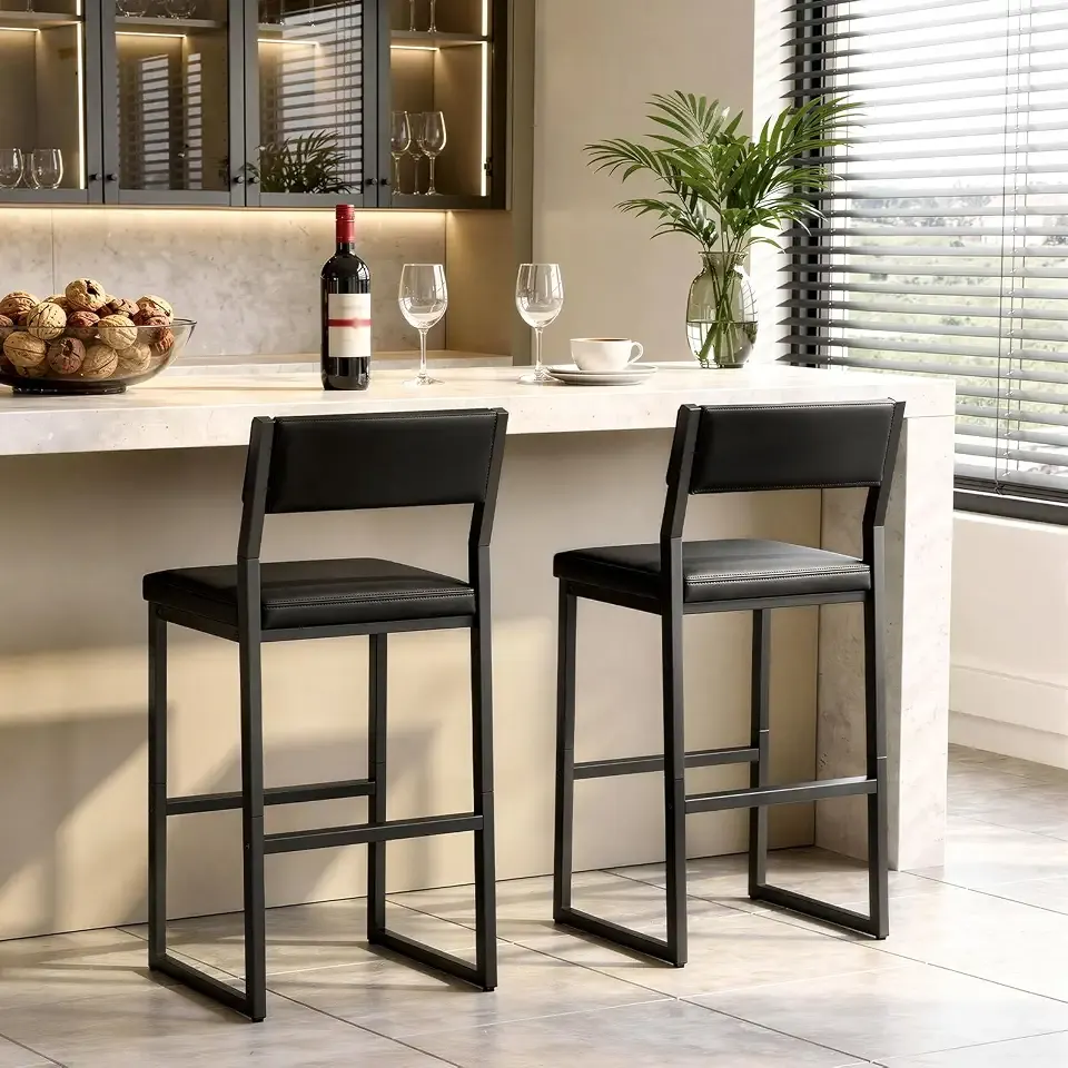 MAHANCRIS Bar Stools, Set of 2 Bar Chairs with Backrest and Footrest, 26" PU Leather Counter Height Barstools, PU Cushioned Seat, Metal Frame, for Kitchen, Dining Room, Home Bar, Black BABK11R01