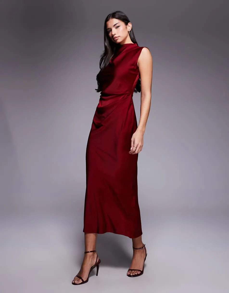 ASOS DESIGN satin high neck pleated bodice midi dress in burgundy