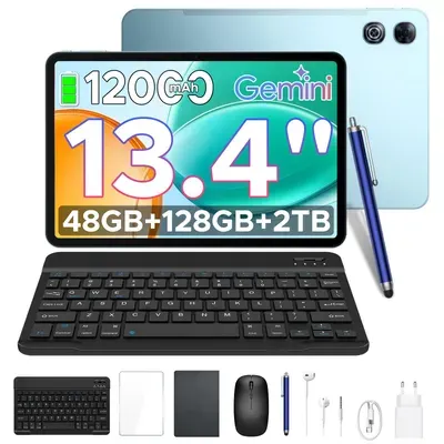 POCKAM P13 Tablet Android 16, 13 Zoll 120 Hz, 48(8+40)GB + 128GB/TF 2TB, 12000mAh, 5G WiFi, mit Stift/Maus/Tastatur, 13MP+8MP/Widevine L1/Gemini AI