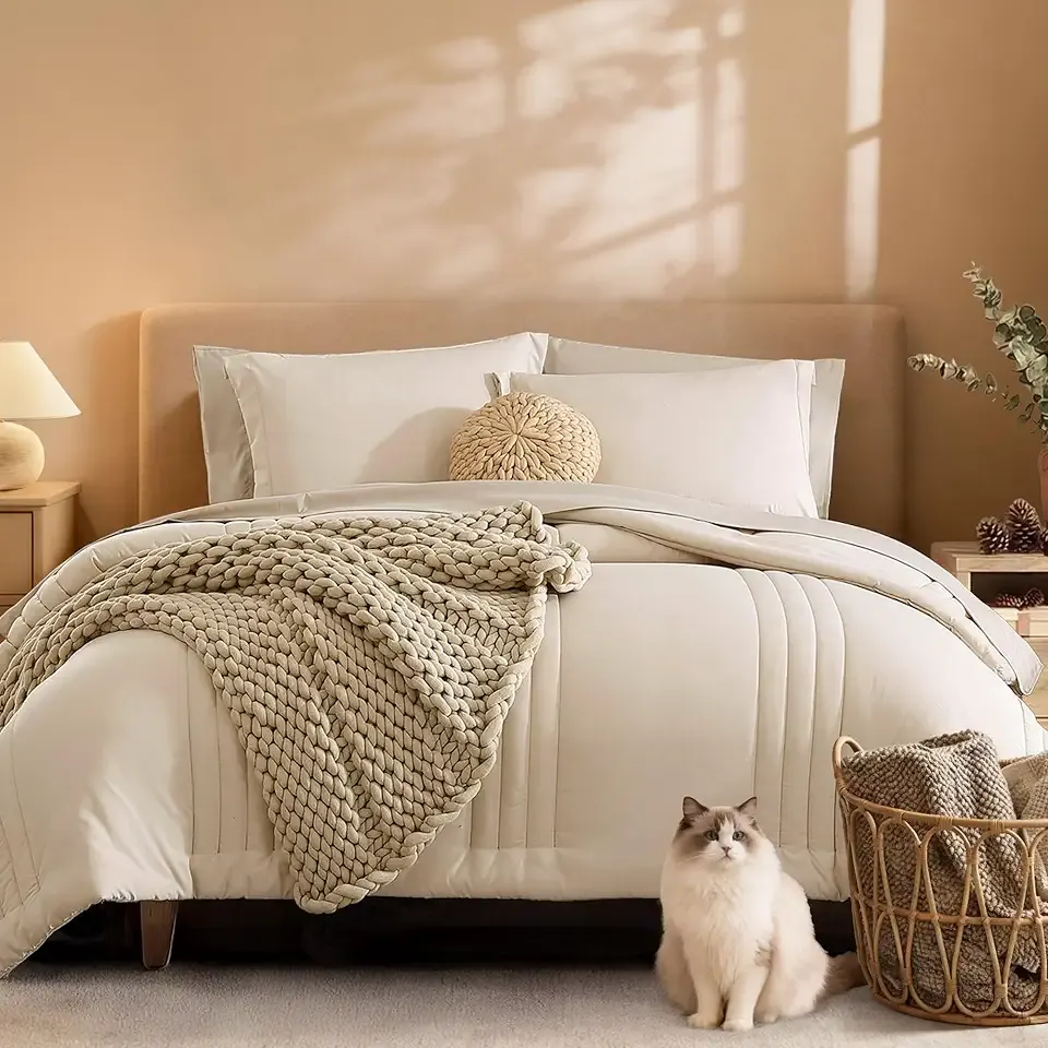Monbix Queen Comforter Set - 7 Pieces Beige Bed in a Bag Queen Bedding Sets with Comforters, All Seasons Comforter Bed Set with Sheets, Pillowcases & Shams