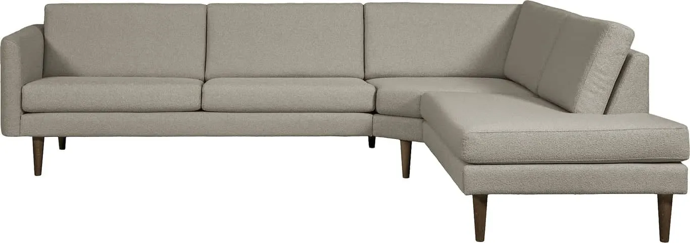 Hjellegjerde Høy hjørnesofa 3 seter + stort hjørne + endemodul, armlen 28, stoff Domino velg farge