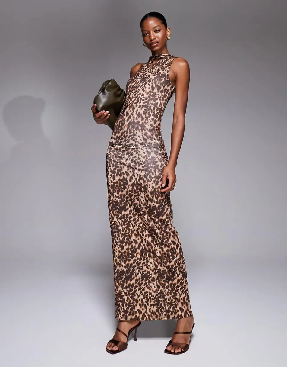 New Look leopard print slinky bow neck midi dress in brown