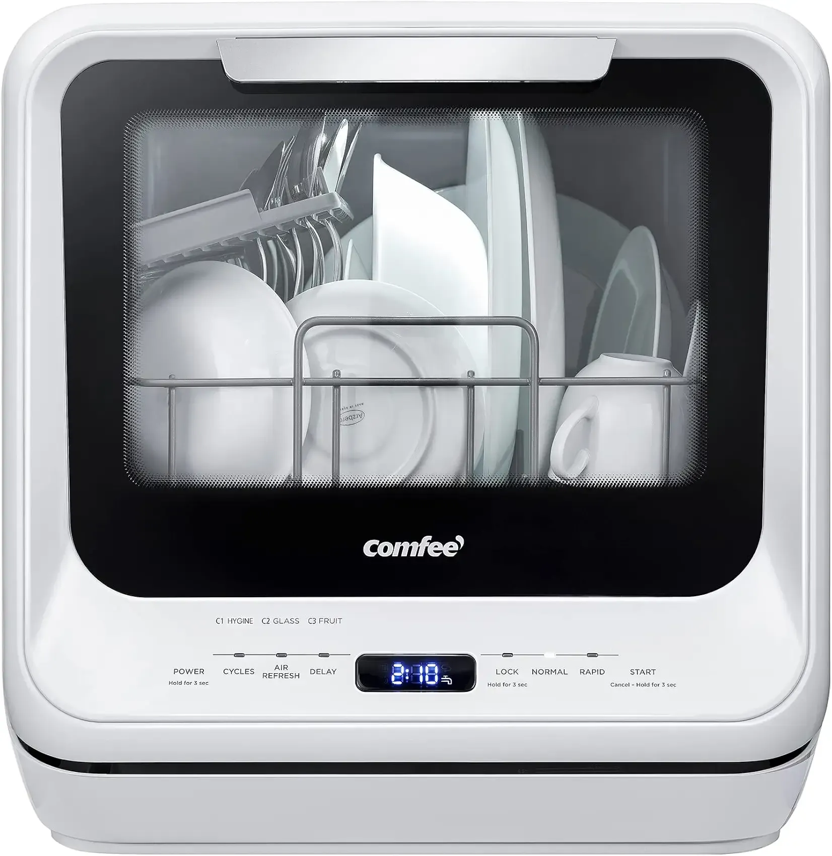 COMFEE' Portable Dishwasher Countertop with 5L Built-in Water Tank, No Hookup Needed, 6 Programs, 360° Dual Spray, 192℉ High-Temp& Air-Dry Function, Mini Dishwasher for RVs, White
