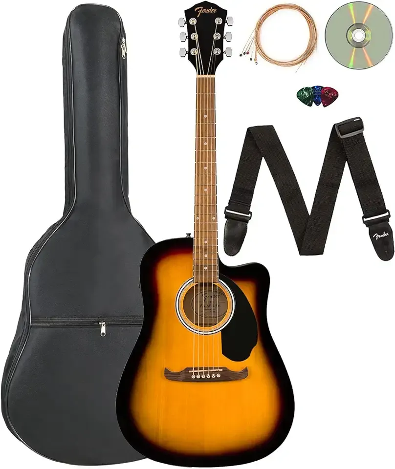 Fender FA-125CE Dreadnought Cutaway Acoustic-Electric Guitar - Sunburst Bundle with Gig Bag, Strap, Strings, Picks, and Austin Bazaar Instructional DVD