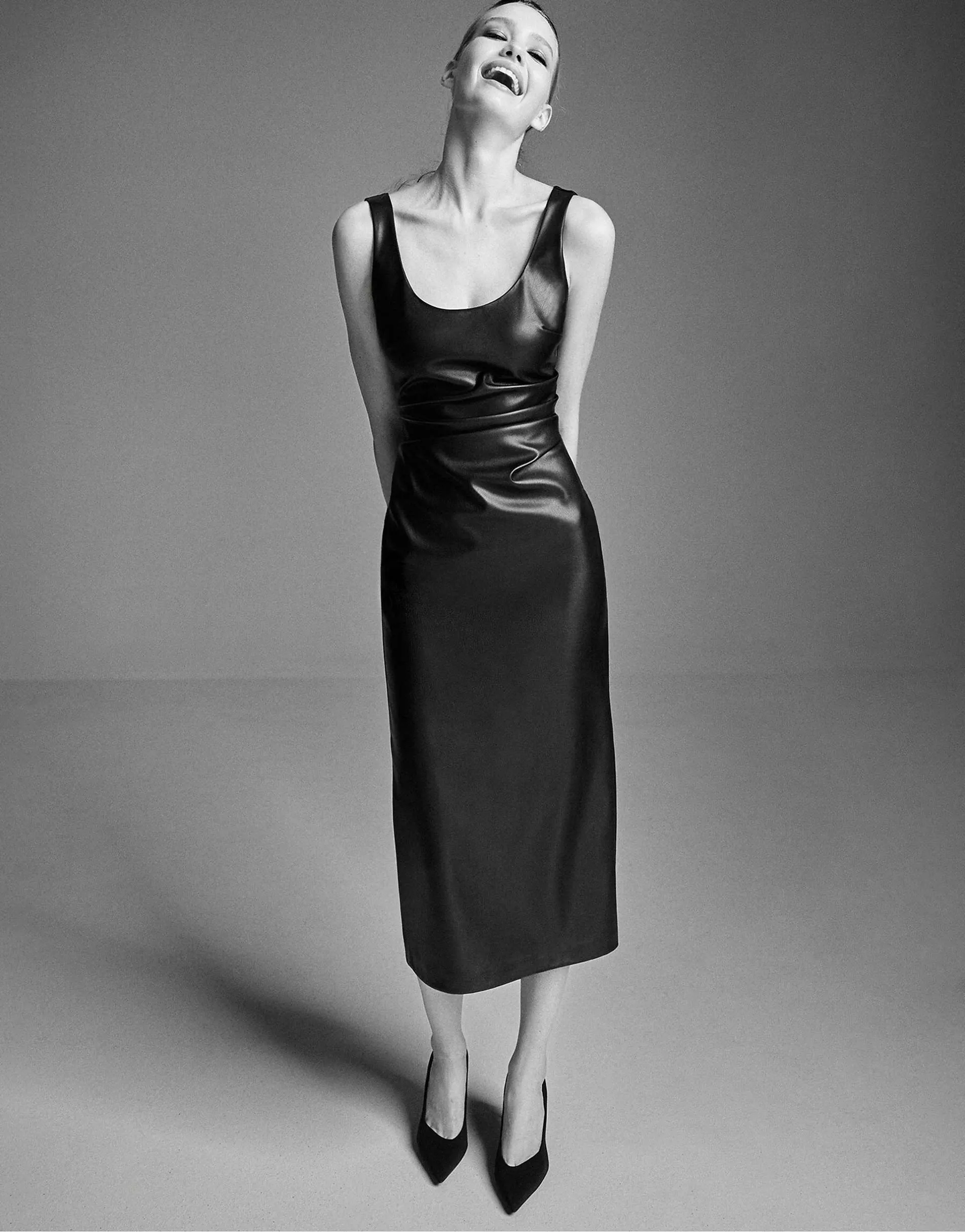 Stradivarius Leather effect midi dress in black