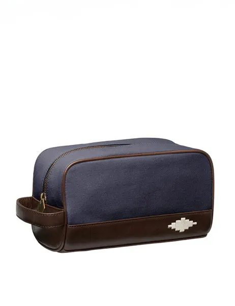 Hombre Washbag Navy Canvas With Brown Leather