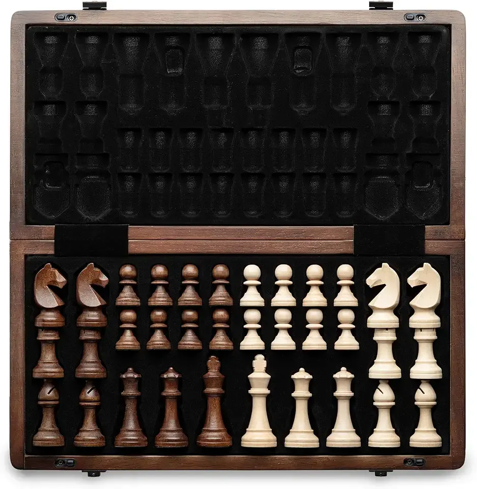 A&A 15" Magnetic Wooden Chess Set, Handmade 3" King Height Staunton Chess Pieces with 2 Extra Queens, Folding Portable Travel Game Set