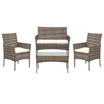 Set da giardino 4 pezzi Rattan sintetico Tortora con struttura in acciaio, top in vetro e cuscini Crema