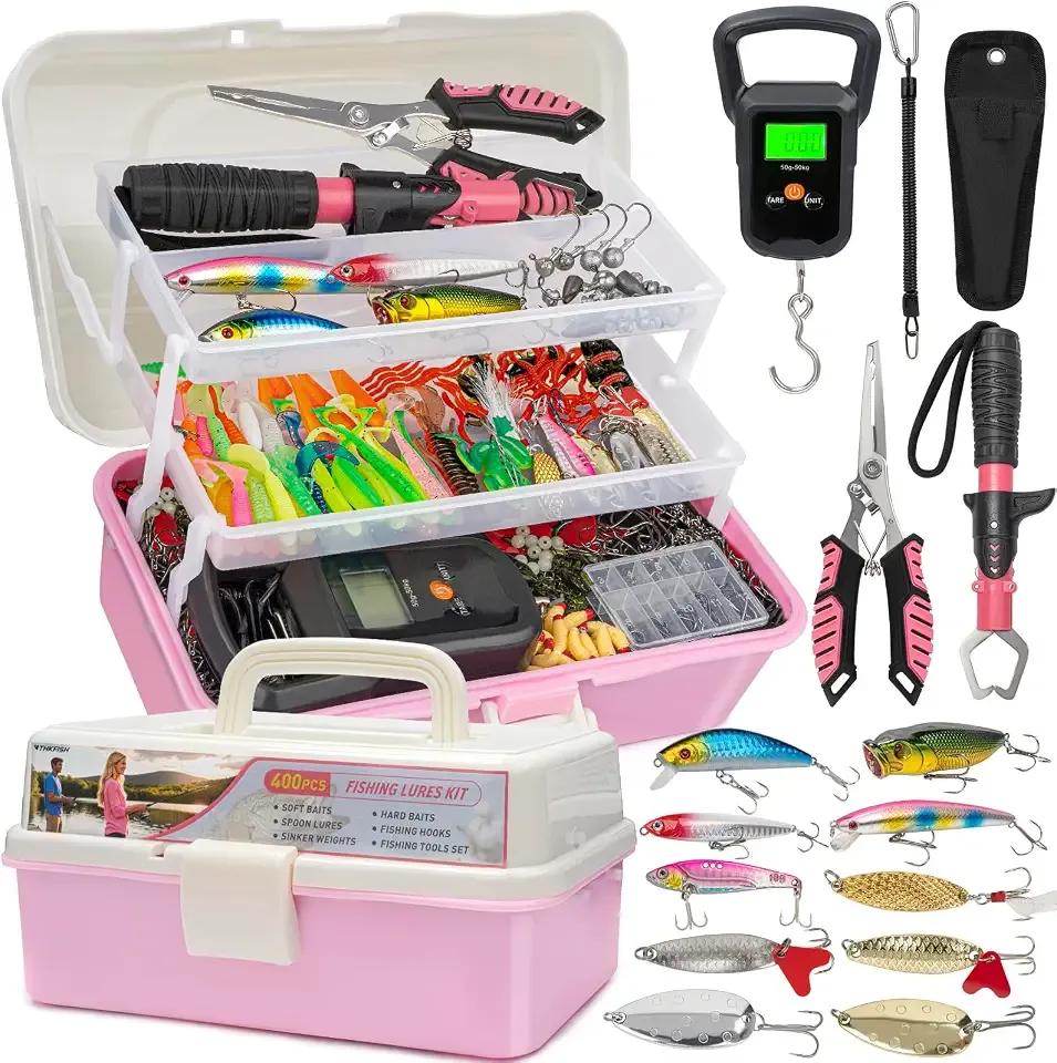 THKFISH 400PCS Large 3-Layer Tackle Box Fishing Lures Accessories Kit | Complete Freshwater Bass Fishing Gear Tools Set with Pliers, Fish Scale, Spinner bait, Hooks, Weights Sinkers, Gift for Women