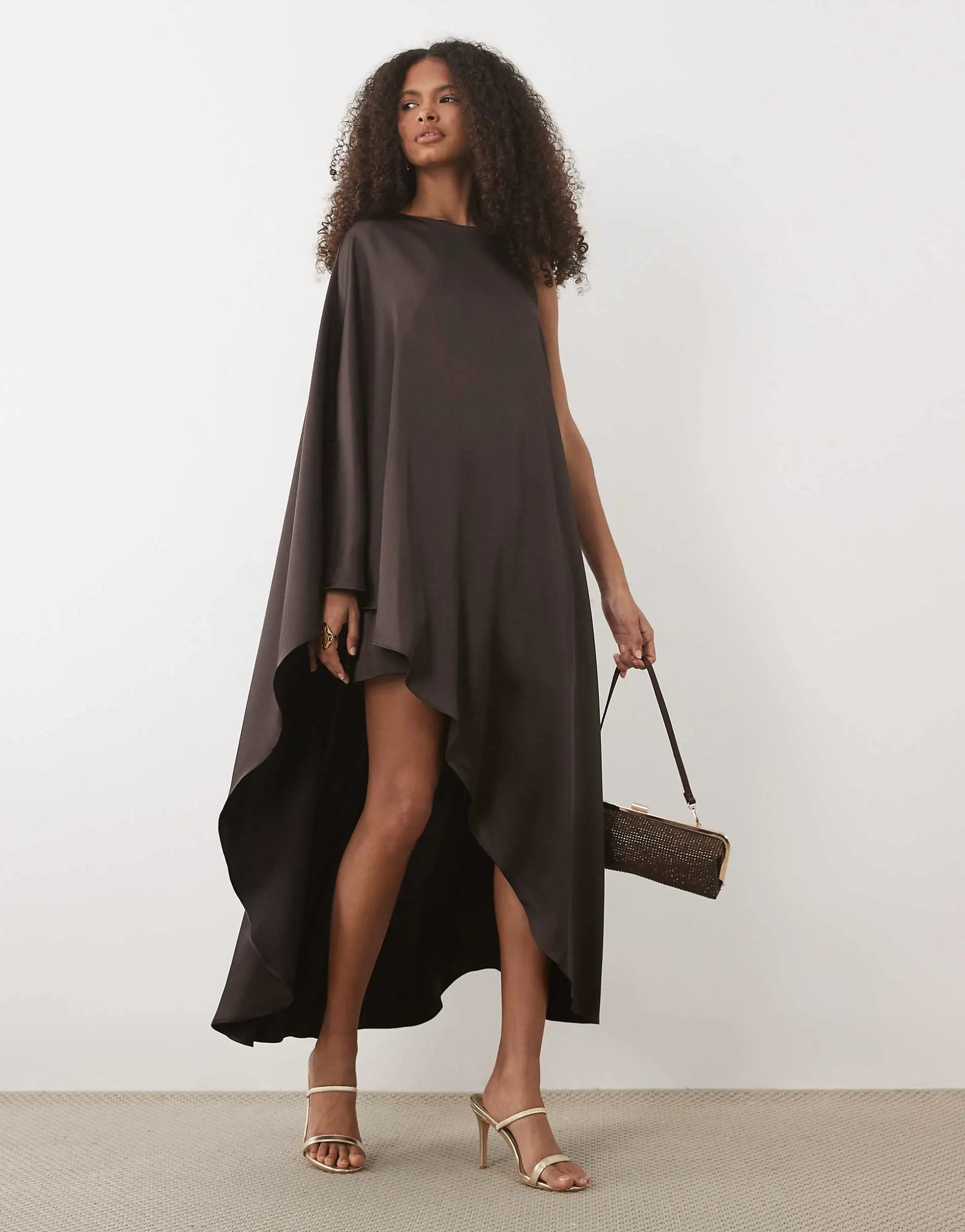 Forever New satin asymmetric one sleeve mini dress in chocolate