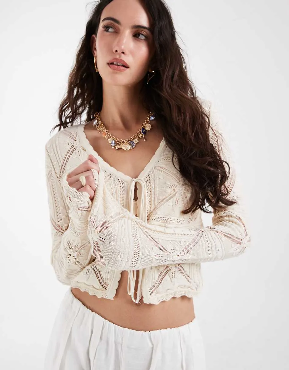 Vero Moda tie front patterned crochet cardigan in cream