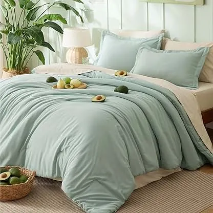 Bedsure Queen Comforter Set - 7 Pieces Sage Green Queen Bedding Set for All Seasons, Boho Contrasting Design Bed in a Bag with Comforter, Sheets, Pillowcases & Shams