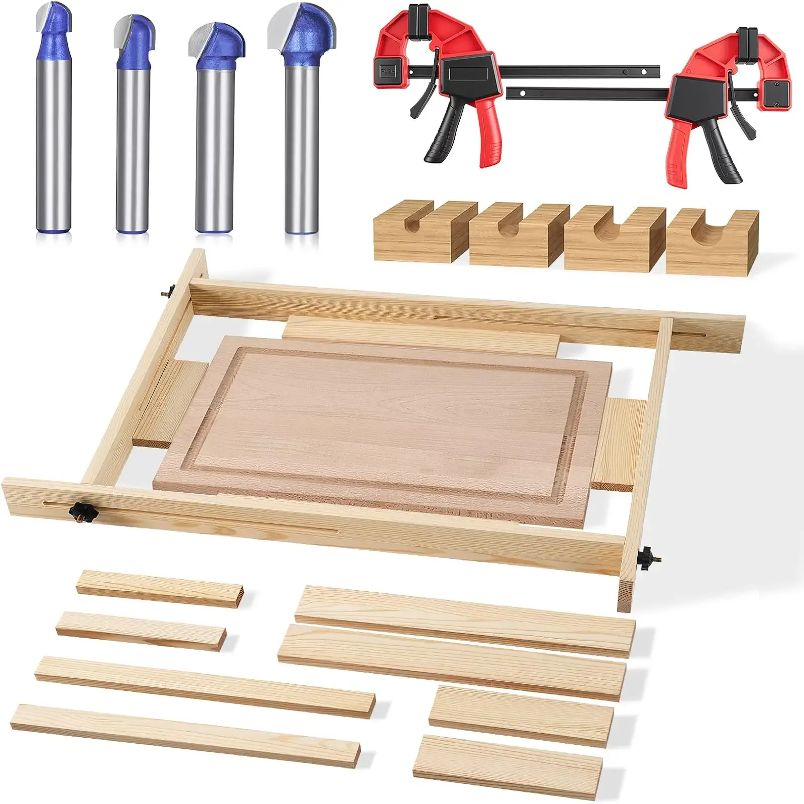 CroBlissful Juice Groove Router Jig, 8 Spacers 4 Pcs 1/4" Shank Round Nose Cove Box Router Bit 2 Pcs 6" Clamp Adjustable Wooden Juice Groove Jig for Cutting Board Up to 22 x 29, Making Square Recesses