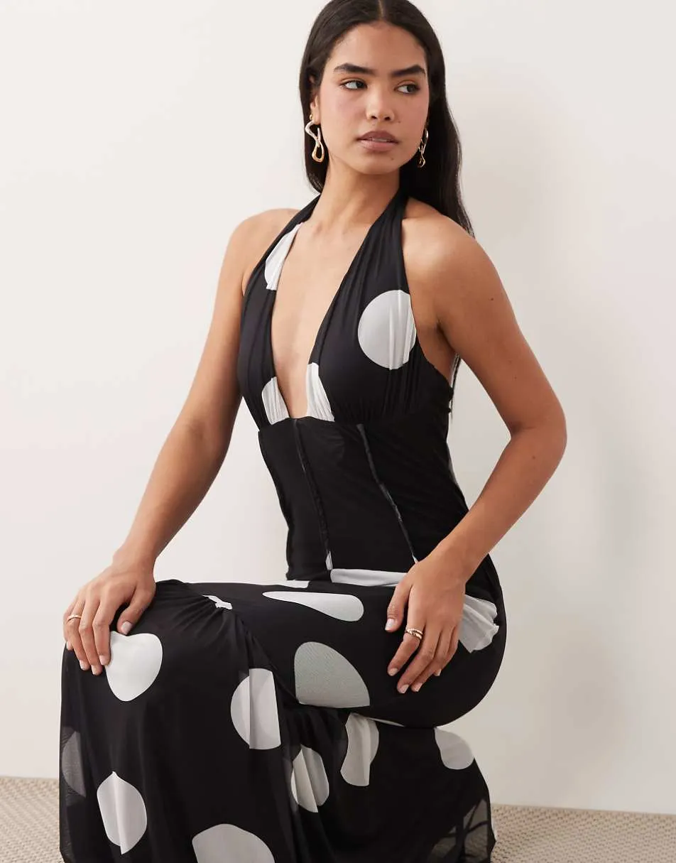 ASOS DESIGN polka dot cinched waist corset detail maxi dress with fishtail hem in polka dot