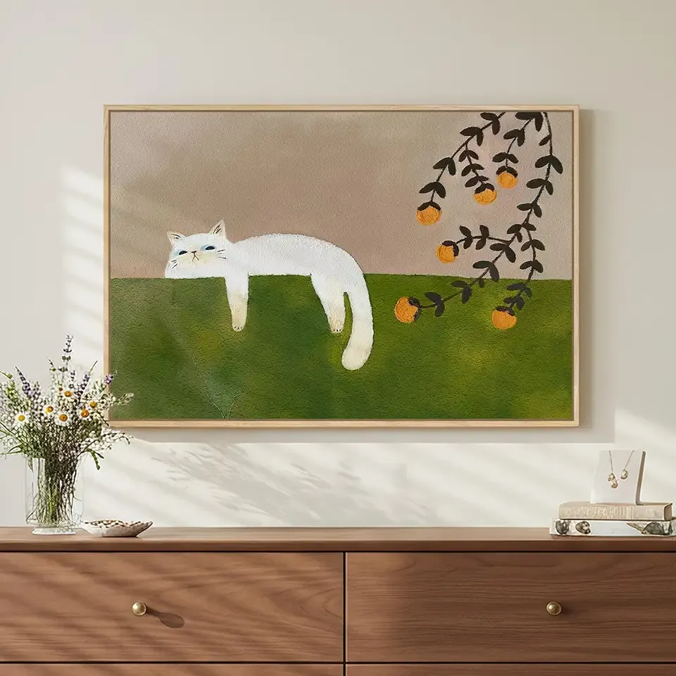 Framed Neutral and Green Wall Art for Bedroom Decor, Large Cozy Cat Canvas Painting Artwork for Room Walls, Green Picture Print for Dining Room Nursery Guest Room Hallway Wall Art Decor, 24x36 Inch