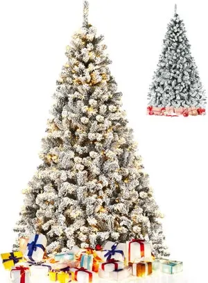 180cm Árbol de Navidad Flocado con 250 Luces LED, 600 ramas de PVC ignífugo con apertura automática, base de metal, blanco