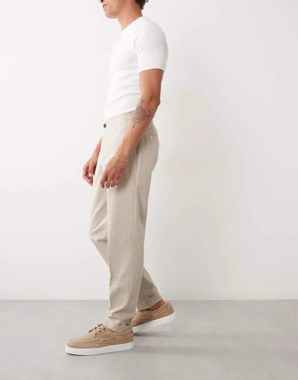 ASOS DESIGN linen smart tapered trousers in stone pinstripe with elasticated waist