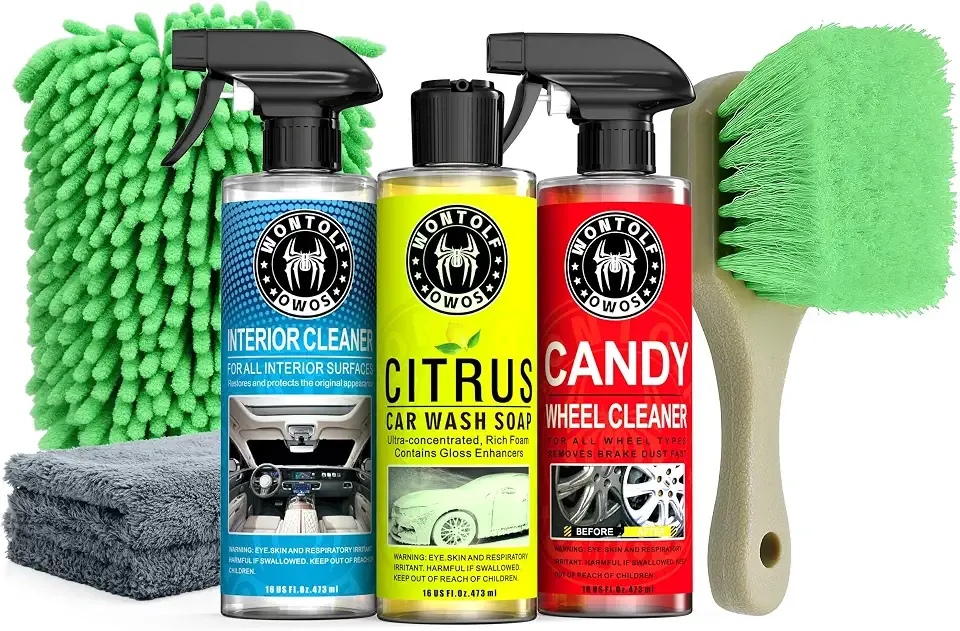 Wontolf Complete Car Wash Cleaning Kit, Car Interior Detailing Kit with Car Wash Soap, Interior Detailing Cleaner, Wheel Cleaner, Wheel Brush, Dying Towel, for Cars Trucks RVs SUVs