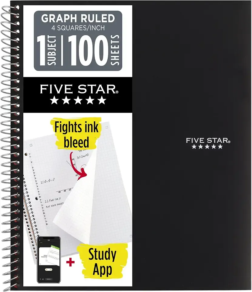 Five Star Spiral Notebook + Study App, 1 Subject, Graph Ruled Paper, 8-1/2" x 11", 100 Sheets, Fights Ink Bleed, Water Resistant Cover, Black (73679)