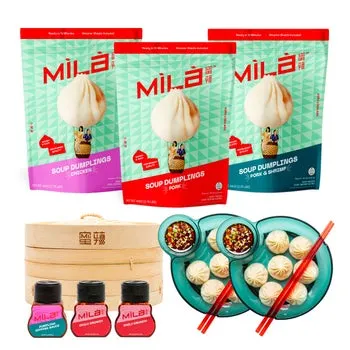 Mila Starter Pack Xiao Long Bao Soup Dumplings - 3 Bags, 1 Bamboo Steamer, 2 Dipping Bowls
