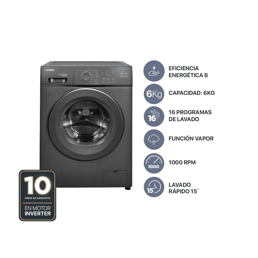 Lavarropas Automático Carga Frontal 6 kg 1000 RPM A Inverter Steam Gris Codini - AIAFE6010G