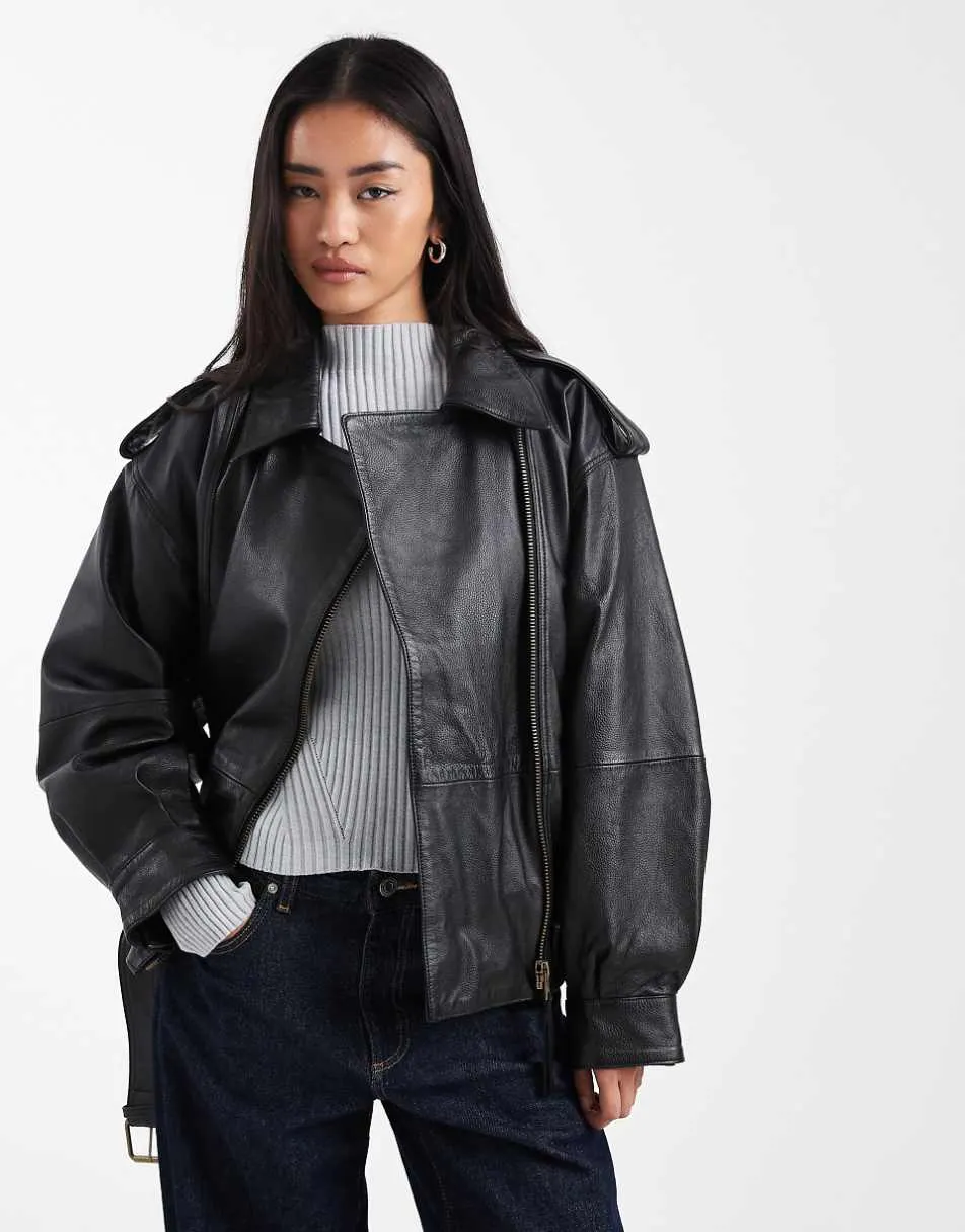 ASOS DESIGN real leather oversized biker in black