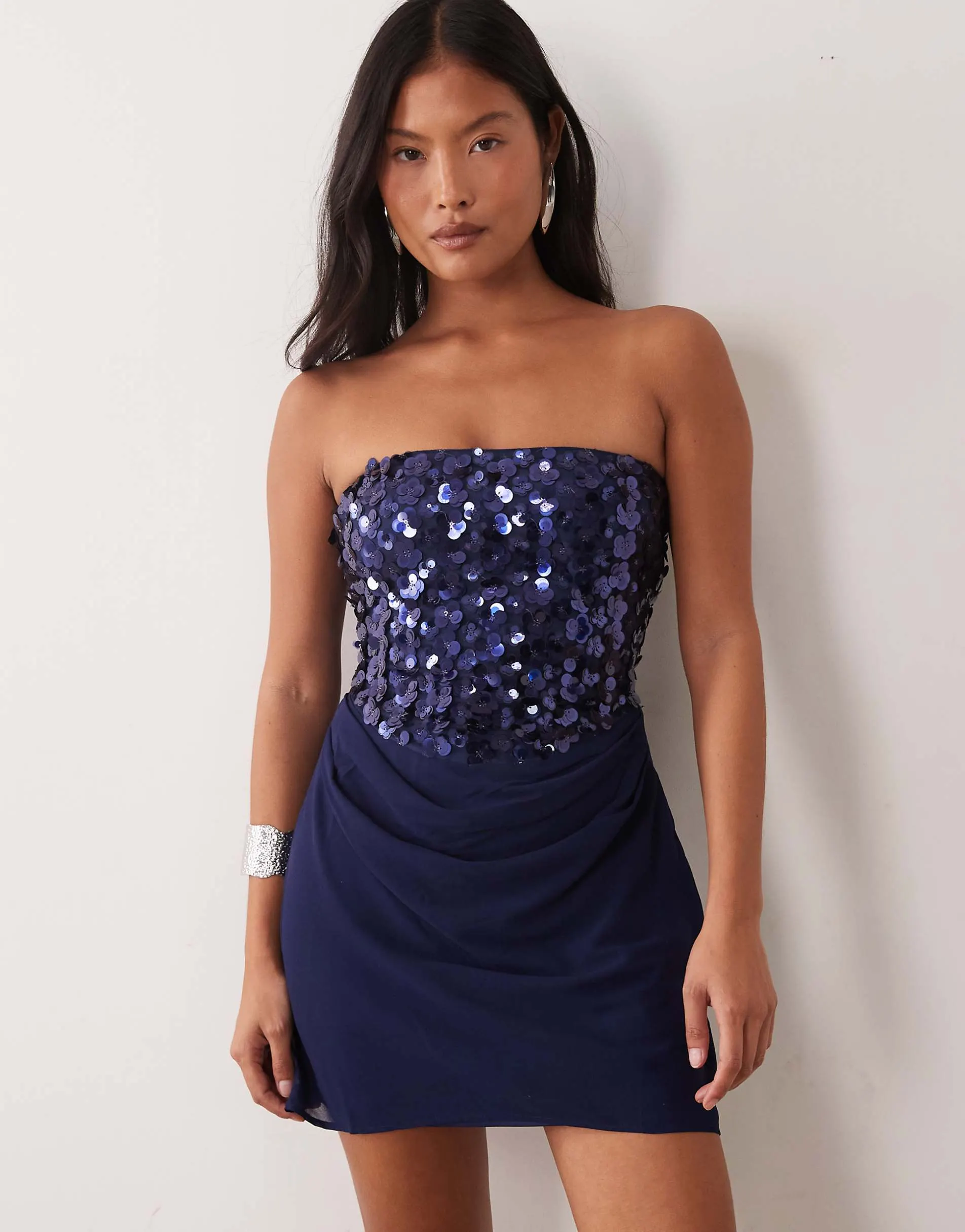 TFNC Petite floral sequin chiffon drape detail mini dress in navy
