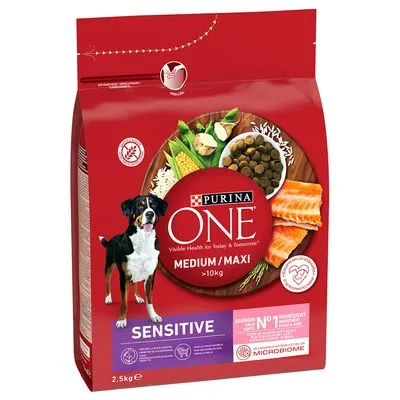 Lot PURINA ONE pour chien Medium/Maxi Sensitive saumon, riz (2 x 2,5 kg)