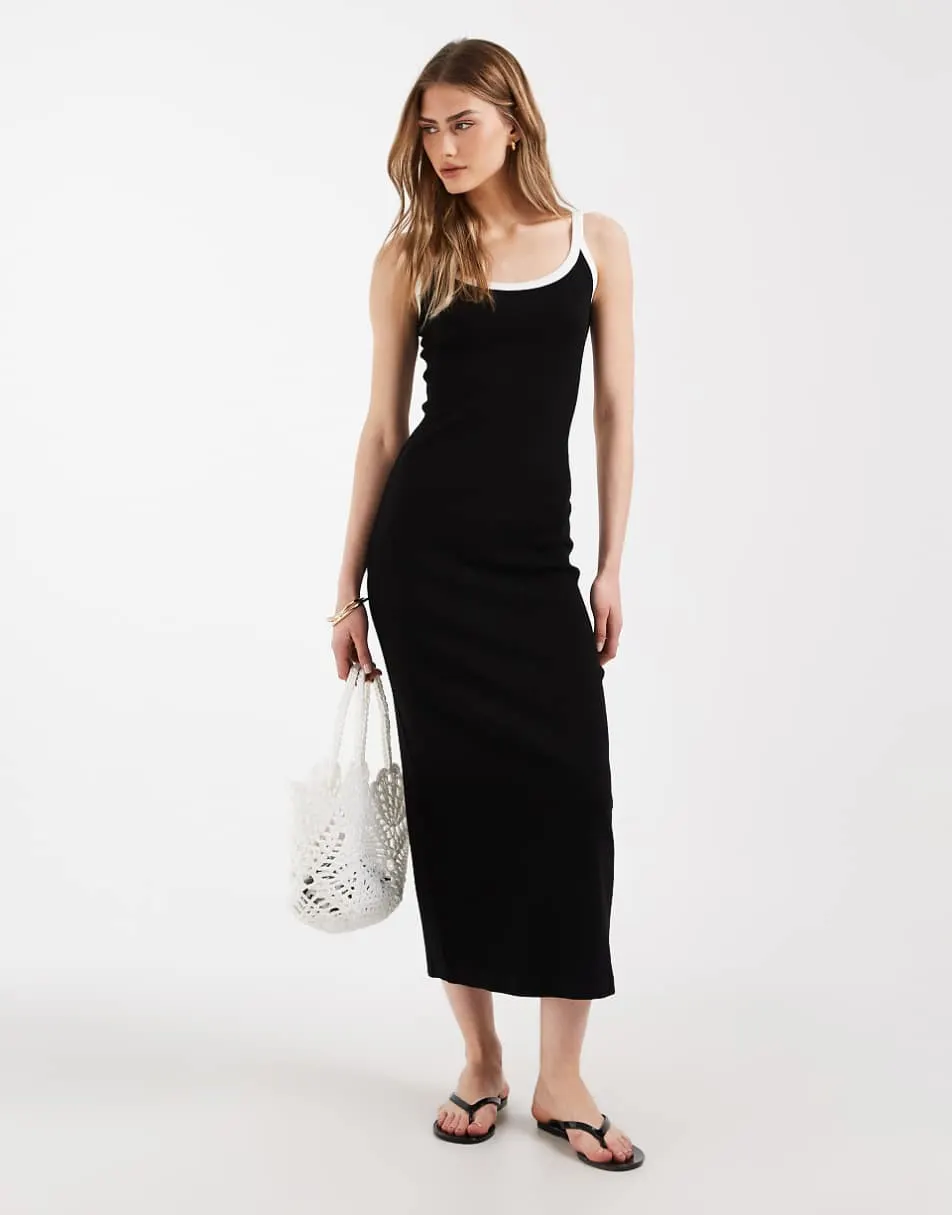 ASOS DESIGN contrast trim rib midi dress in black with white trim