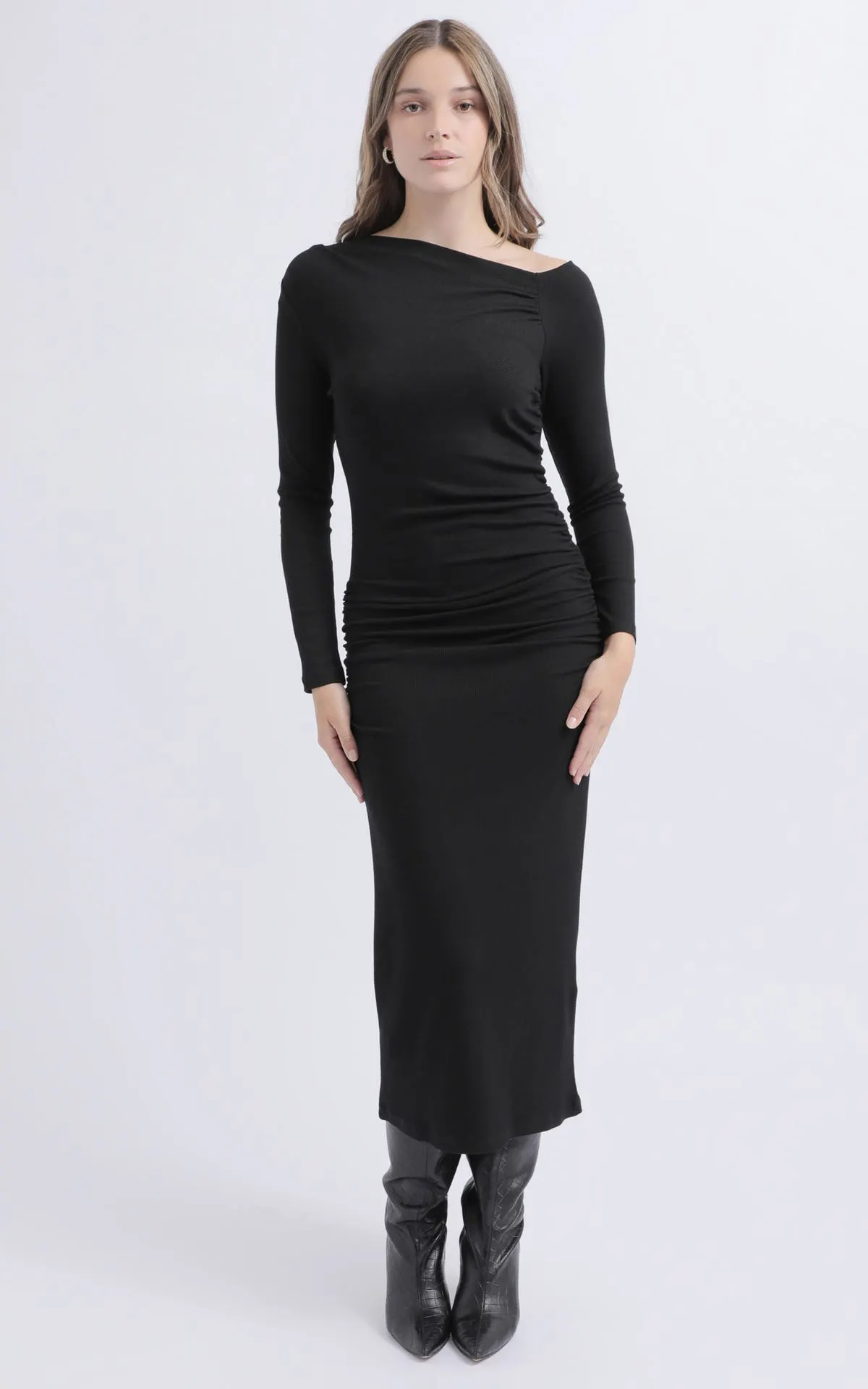 Ribbed One Shoulder LS Midi Dress