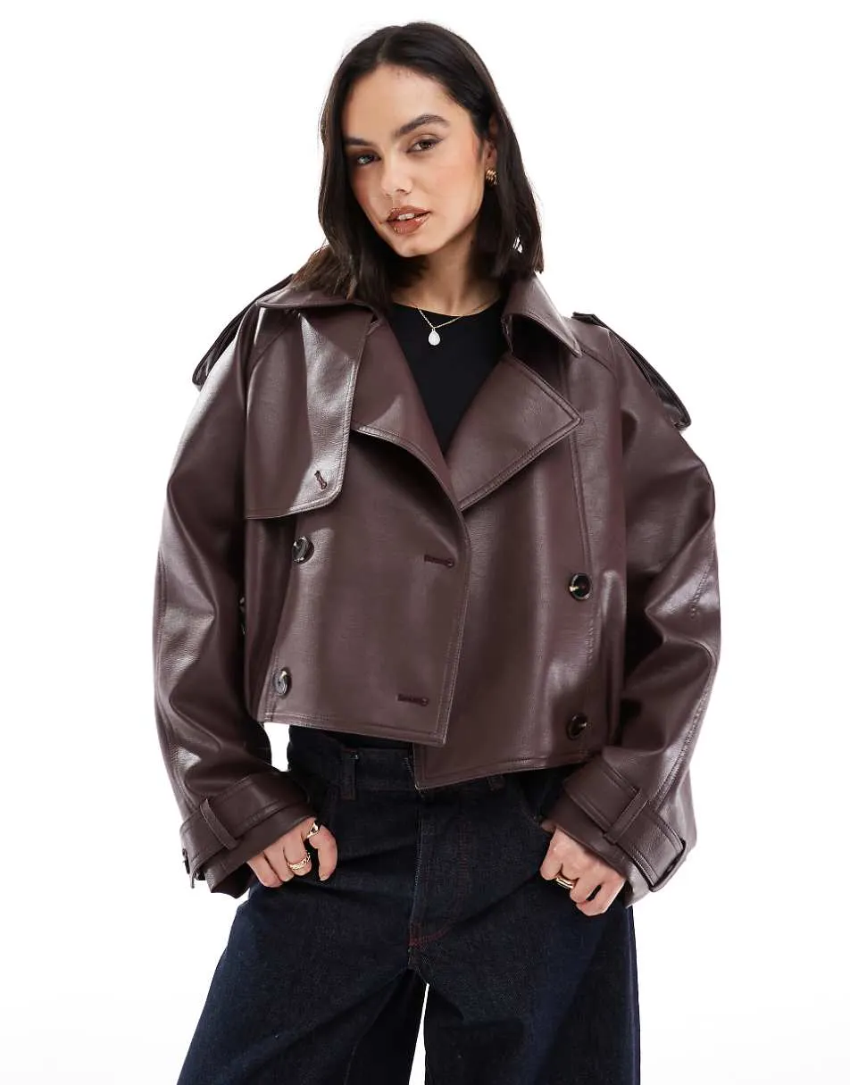 ASOS DESIGN leather look bomber trench coat in chocolate