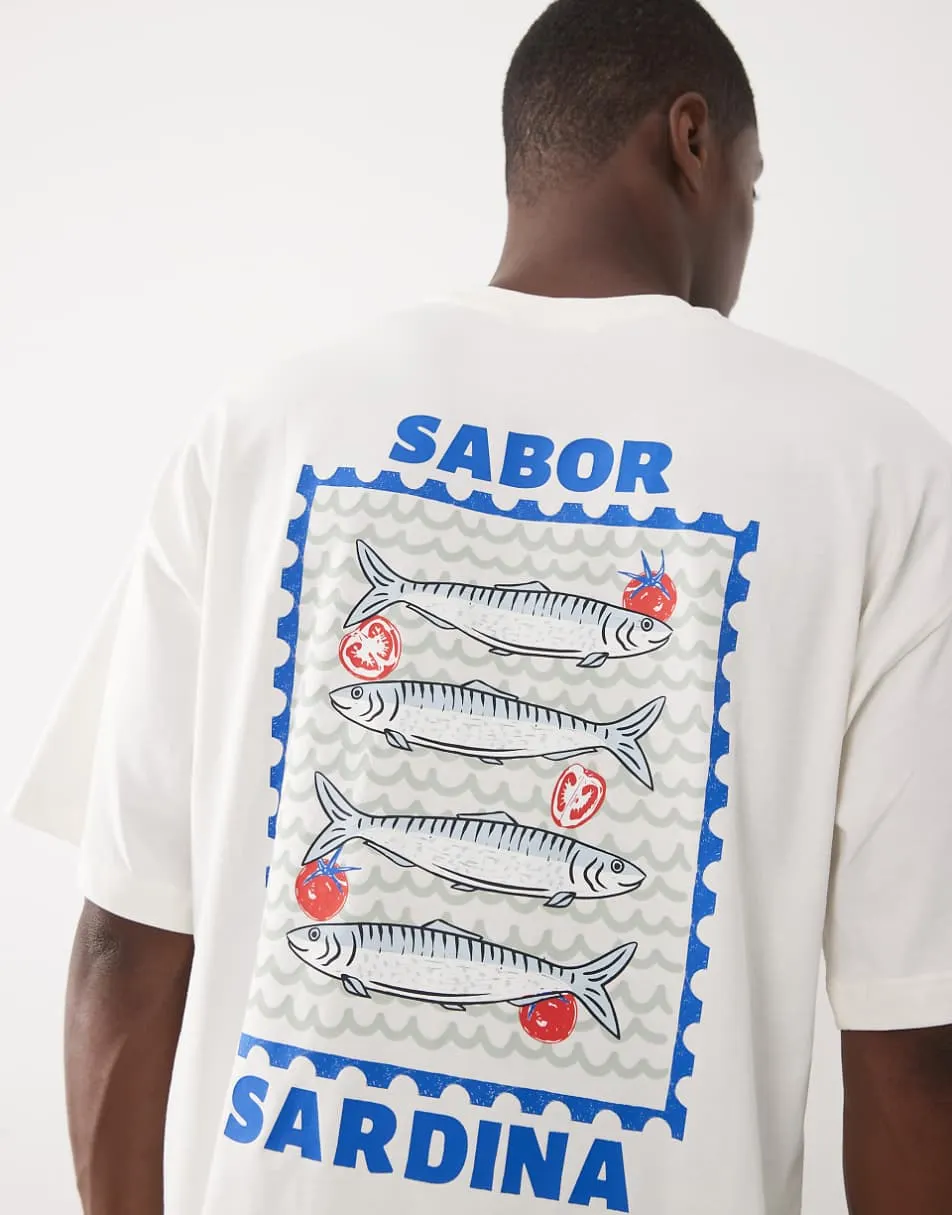 Selected oversized t-shirt with sardines back print in cream