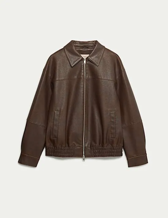 Bomber-Kragenjacke aus Kunstleder mit abgenutztem Aussehen