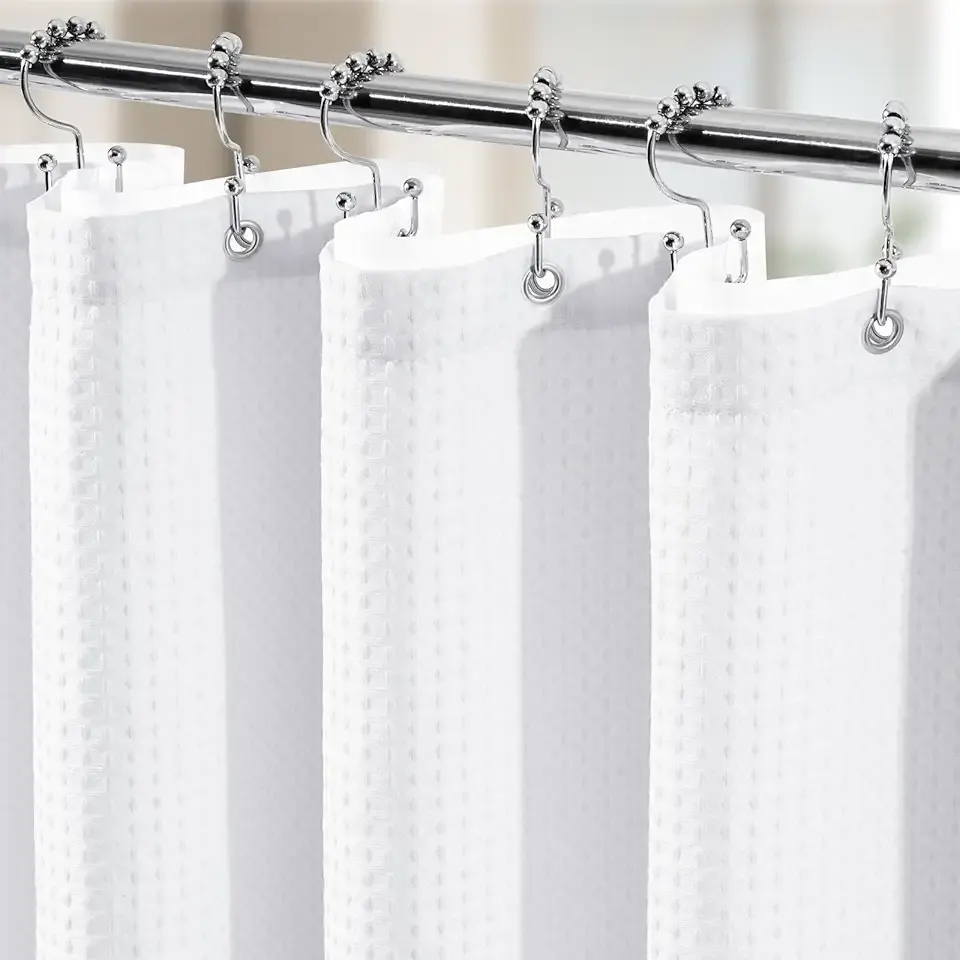 3 in 1 Shower Curtain Set, Waffle Shower Curtain and Liner Set with 12 Double Sided Shower Curtain Hooks, 258GSM Luxury Weighted Cloth Shower Curtains for Bathroom, 72 W x 72 H, White
