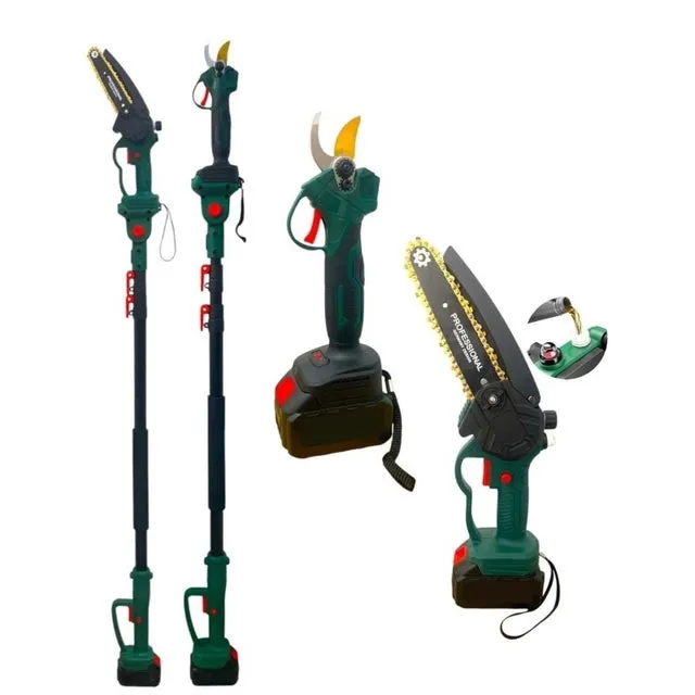 Kit per Potatura 3 in 1 composto da Motosega Mini a Batteria 6" + Forbice / Forbici / Cesoia a Batteria + Asta Telescopica 128-248cm Batterie da 68V