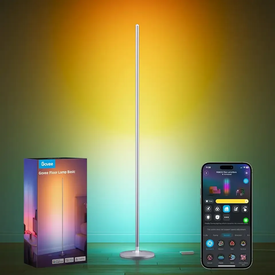 Govee RGBIC Floor Lamp, LED Corner Lamp Works with Alexa, Smart Modern Floor Lamp with Music Sync and 16 Million DIY Colors, Color Changing Standing Lamp for Bedroom Living Room Silver