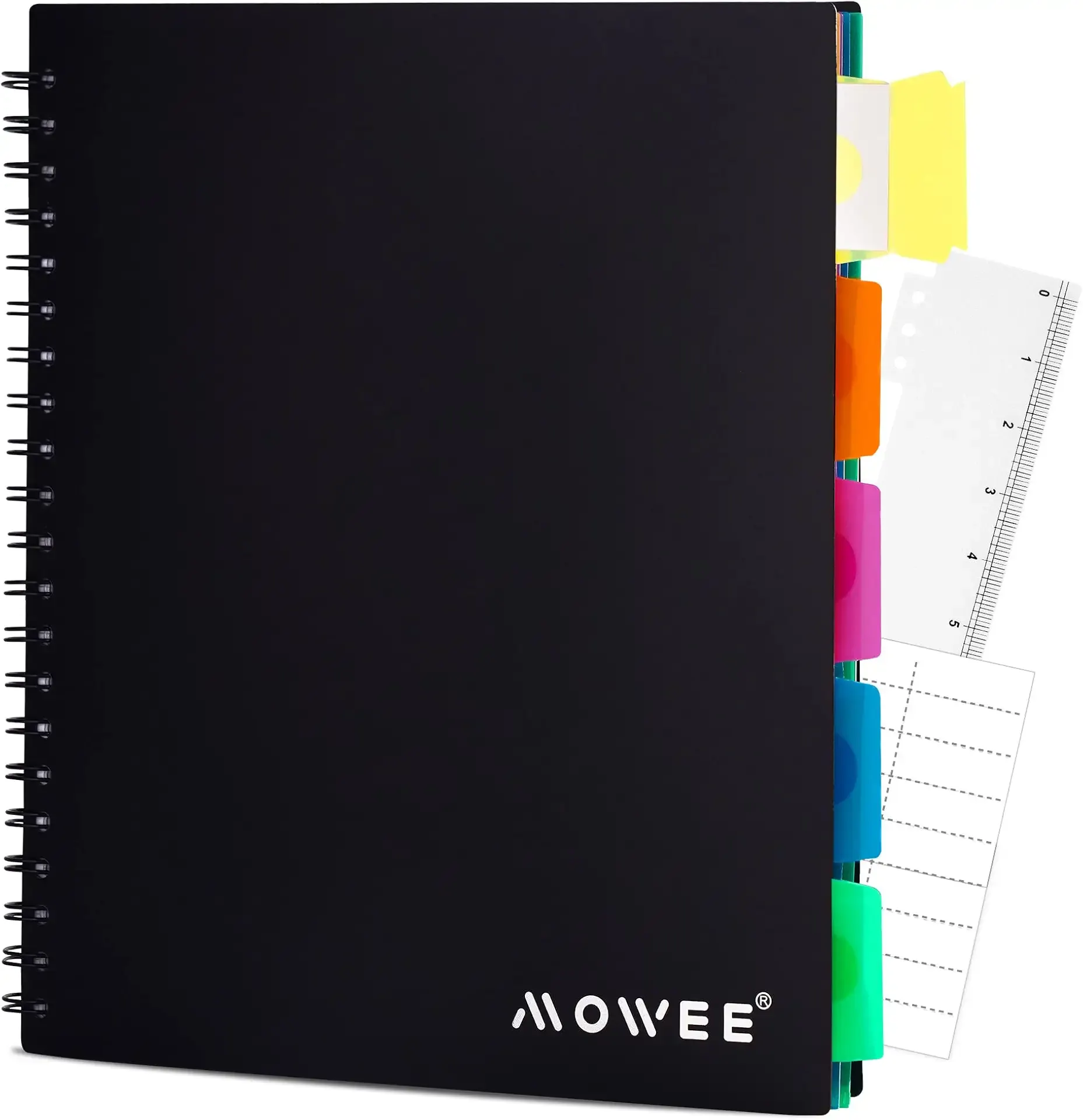 Spiral Notebook - 5 Subject Notebook, College Ruled Notebook With Dividers Pocket, Tabs Label, 11" Ruler, 200 Pages, for Writing Journal, Home & Office, School Supplies, 8.5''x11''Black