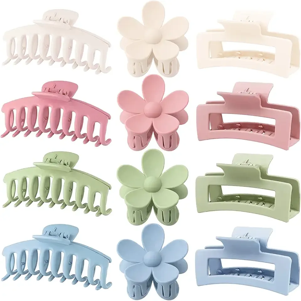 Large Hair Claw Clips 12 Pack, Flower Hair Clips for Thin Hair, Big Square Matte Strong hold for Thick Hair, 3 Styles Hair Clips for Women Thick Hair 4 Colors