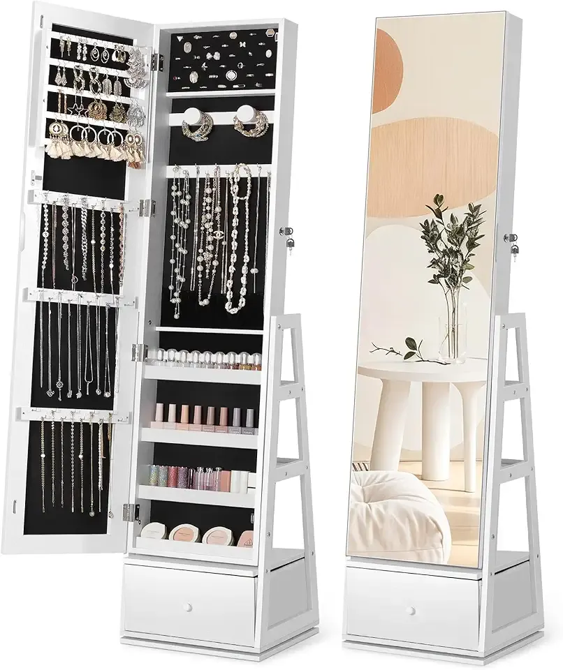 Nicetree 360°Swivel Jewelry Cabinet, Rotatable Full Length Mirror with Jewelry Storage, Standing Jewelry Armoire Organizer, Lockable Jewelry Organizer with 3 Rear Shelves, Bottom Drawer, Pure White