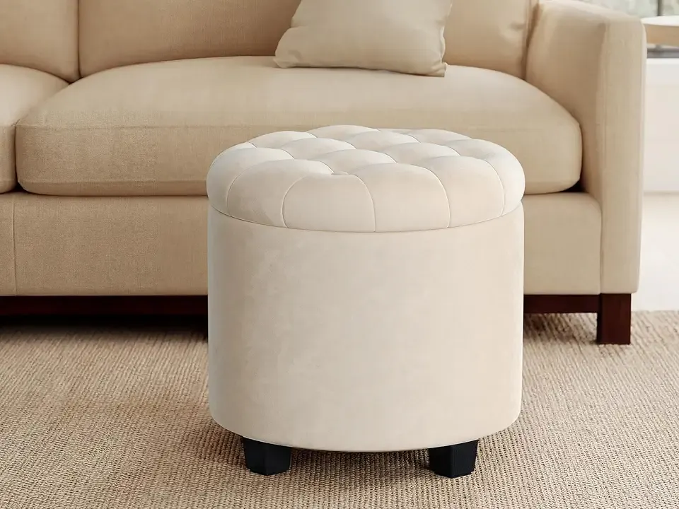 Round Ottoman, Ottoman with Storage, 17.7 x 17.7 x 17.5 Inches, Foot Rest with Legs, Velvet, Load up to 330 lb, for Living Room, Bedroom, Cream White ULOM012W01