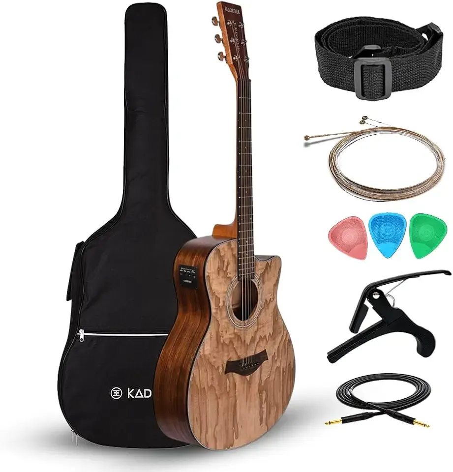 Kadence Electric Acoustic Guitar (Ash Wood) - Semi Acoustic Guitar with Pickup, Inbuilt Tuner, Capo, Strings, Picks, Strap, Cable and Padded bag - Electro Guitars for Beginners & Professionals