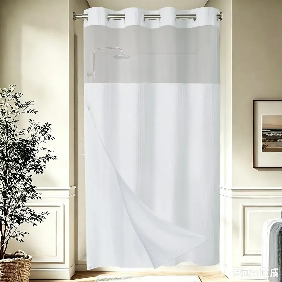 EUTXL Heavyweight Stall No Hook Shower Curtain with Snap in Liner,256GSM Waffle Weave Shower Curtains for Bathroom,60W x 74H,White