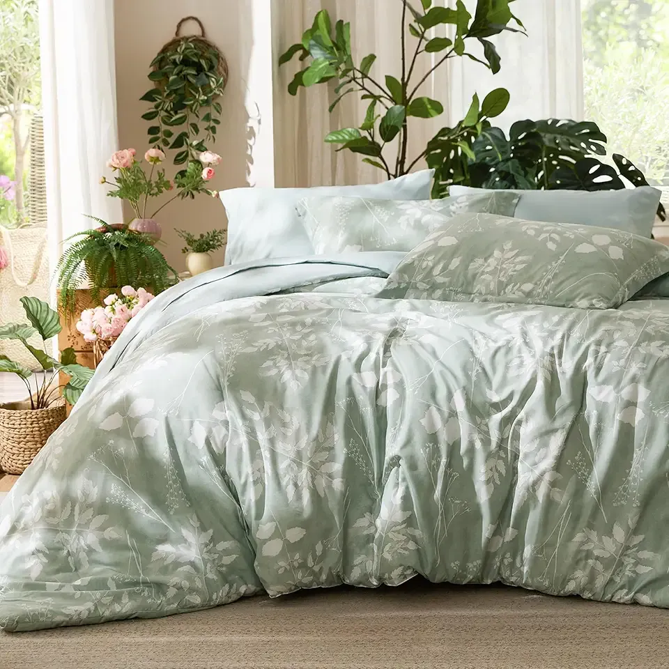 Bedsure California King Comforter Set - 7 Pieces Floral Sage Green Bedding Sets, Cal King Bed in a Bag with Botanical Flowers Comforter, Sheets, Pillowcases & Shams