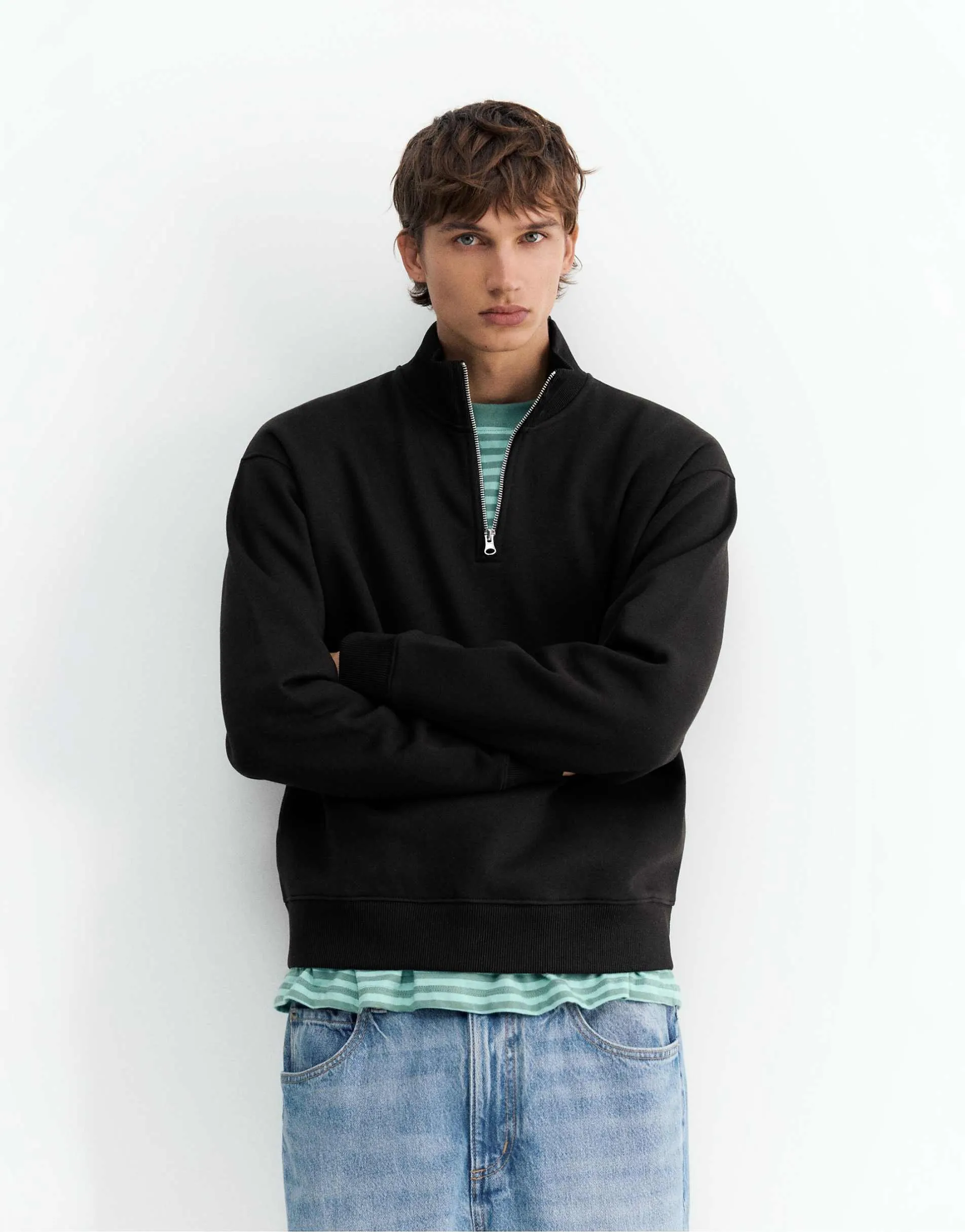 Pull&Bear Quarter-zip sweatshirt in black